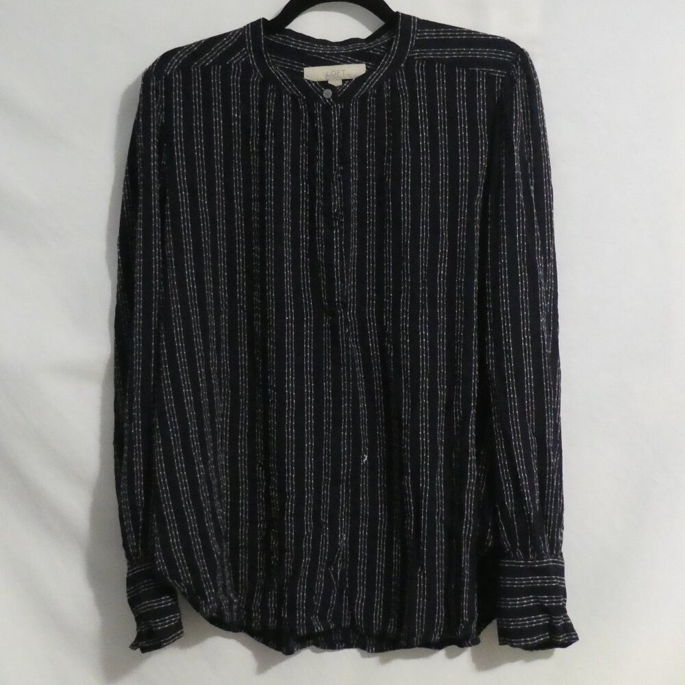 LOFT | large | Black Long Sleeve Button-Up Shirt | White Striped Stitching